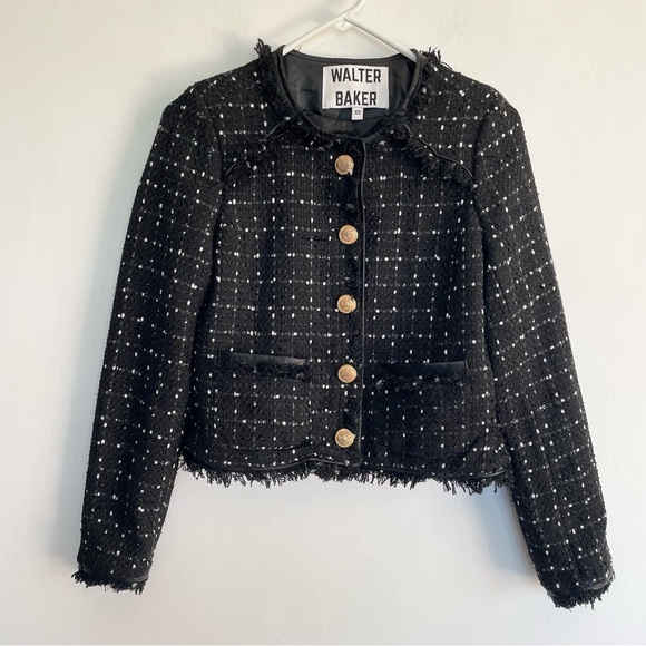 Walter Baker Black and White Women's Jacket Tweed Plaid Faux Leather Trim XS - Picture 1 of 10